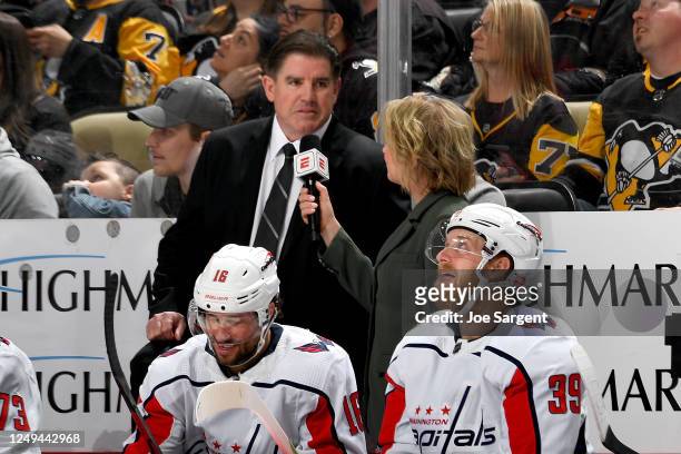 Peter Laviolette of the Washington Capitals looks on against the Pittsburgh Penguins at PPG PAINTS Arena on March 25, 2023 in Pittsburgh,...