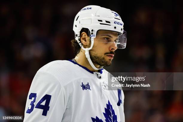 Auston Matthews of the Toronto Maple Leafs looks on during the second period of the a game against the Carolina Hurricanes at PNC Arena on March 25,...