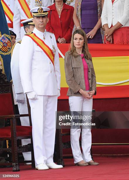 Prince Felipe of Spain and Princess Letizia of Spain visit Marin Navy Academy to attend the graduation ceremony on July 16, 2011 in Pontevedra, Spain.