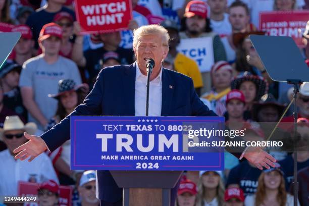 Former US President Donald Trump speaks during a 2024 election campaign rally in Waco, Texas, March 25, 2023. - Trump held the rally at the site of...