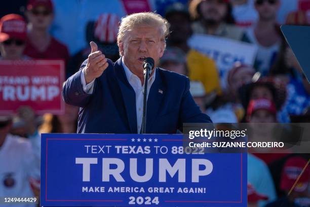 Former US President Donald Trump speaks during a 2024 election campaign rally in Waco, Texas, March 25, 2023. - Trump held the rally at the site of...