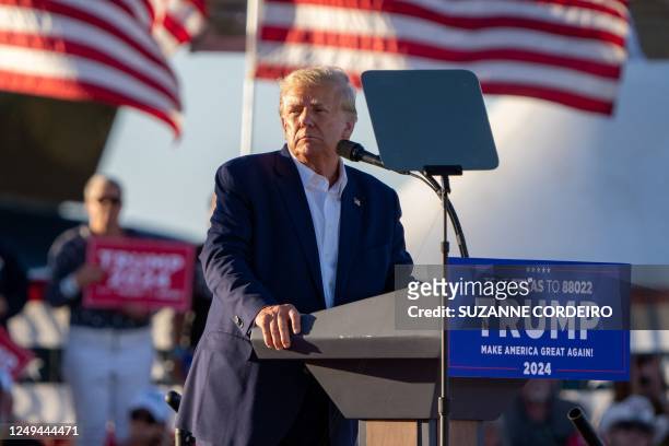Former US President Donald Trump speaks during a 2024 election campaign rally in Waco, Texas, March 25, 2023. - Trump held the rally at the site of...
