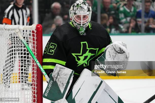 Matt Murray of the Dallas Stars tends goal against the Vancouver Canucks at the American Airlines Center on March 25, 2023 in Dallas, Texas.