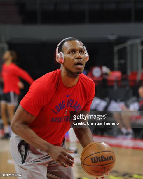 March25: Treveon Graham of the Long Island Nets warms up prior to the game against Rio Grande Valley Vipers on March 25, 2023 at the Bert Ogden Arena...
