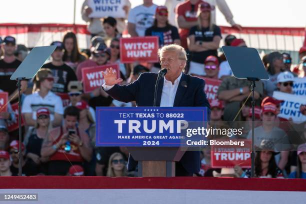 Former US President Donald Trump speaks at a campaign event in Waco, Texas, US, on Saturday, March 25, 2023. A defiant Trump railed against the...