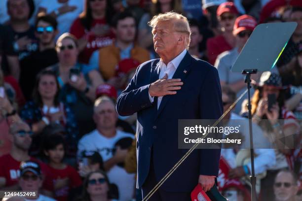 Former US President Donald Trump arrives at a campaign event in Waco, Texas, US, on Saturday, March 25, 2023. A defiant Trump railed against the...