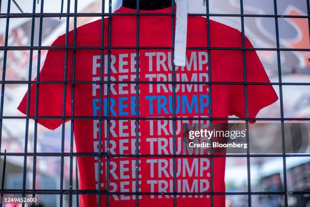 Shirt that reads "Free Trump" for sale during a campaign event for former US President Donald Trump in Waco, Texas, US, on Saturday, March 25, 2023....