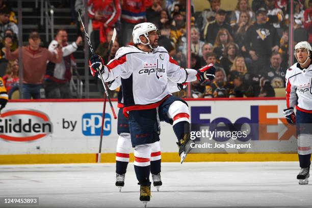 Alex Ovechkin of the Washington Capitals celebrates his goal during the third period against the Pittsburgh Penguins at PPG PAINTS Arena on March 25,...