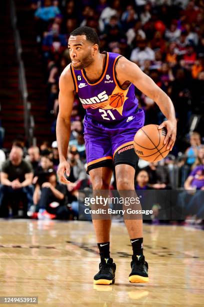 Warren of the Phoenix Suns handles the ball during the game against the Philadelphia 76ers on March 25, 2023 at Footprint Center in Phoenix, Arizona....