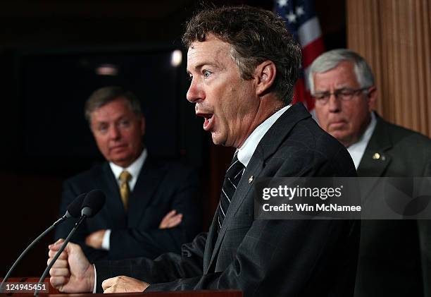 Sen. Rand Paul speaks during a press conference with fellow U.S. Senate Republicans Sen Lindsay Graham and Sen. Mike Enzi on National Labor Relations...