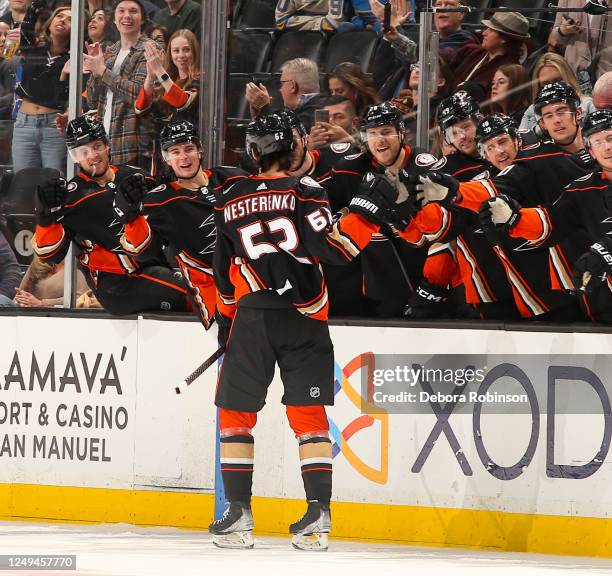 Nikita Nesterenko of the Anaheim Ducks celebrates his first NHL goal with teammates during the first period against the St. Louis Blues at Honda...