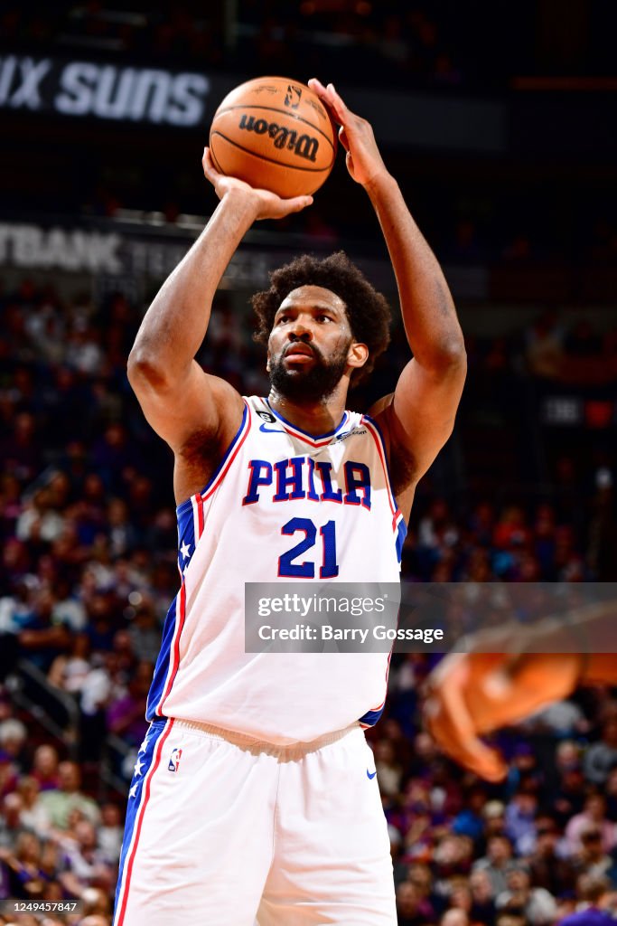 Joel Embiid of the Philadelphia 76ers prepares to shoot a free throw ...