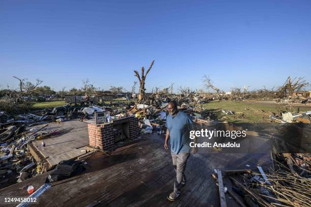 View of damage after a tornado tore through the US state of Mississippi, United States on March 25, 2023. At least 25 people have been killed and...