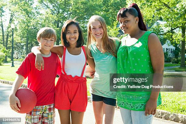 portrait of smiling neighborhood kids - kickball stock pictures, royalty-free photos & images