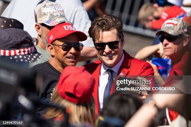 Republican Representative Matt Gaetz, from Florida, poses with supporters as he attends a 2024 campaign rally for former US President Donald Trump in...