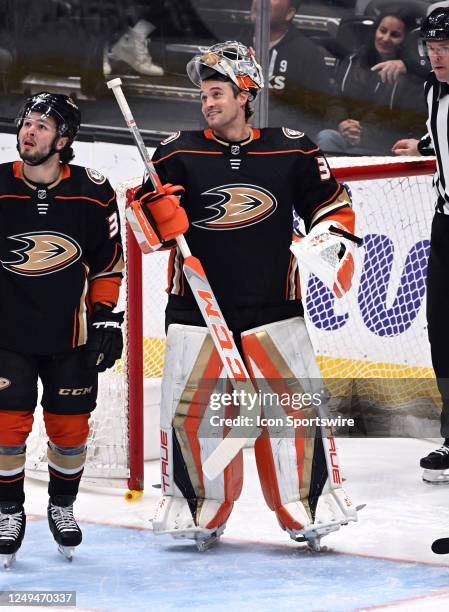 Anaheim Ducks Goalie John Gibson on the ice during a break in the action of an NHL hockey game against the Saint Louis Blues played on March 25, 2023...