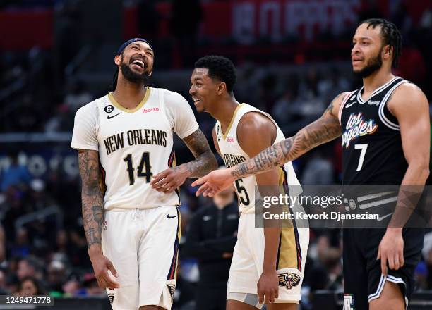 Trey Murphy III and Brandon Ingram the New Orleans Pelicans celebrate during the second half against the Los Angeles Clippers at Crypto.com Arena on...