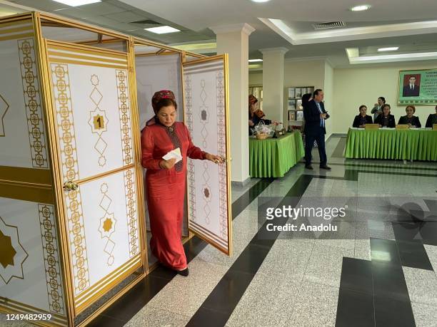 People cast their votes during the parliamentary election at a polling station in Ashgabat, Turkmenistan on March 26, 2023. At 7:00 local time, the...