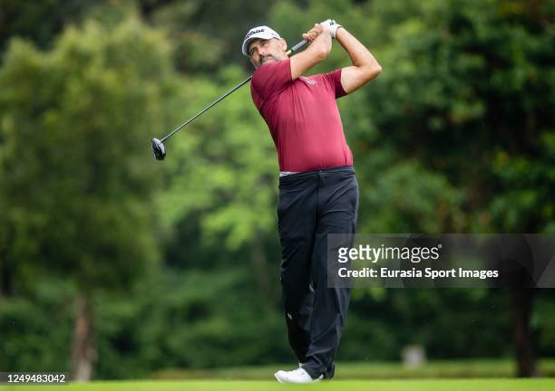 Michael Hendry of New Zealand tees off during the rest of third round of the World City Championship at Hong Kong Golf Club on March 26, 2023 in Hong...