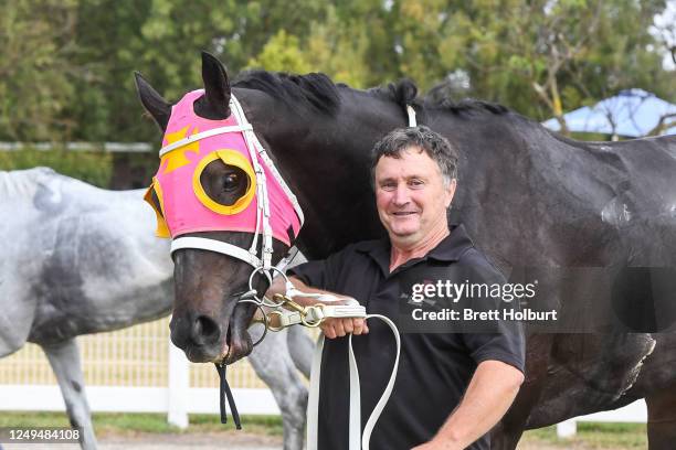 Trainer Damien Walkley after his horse Luv A Duck won the Club Eastwood Handicap at Bairnsdale Racecourse on March 26, 2023 in Bairnsdale, Australia.