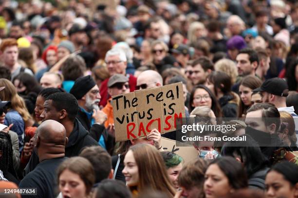 Thousands gather in Aotea Square to march in support of the Black Lives Matter movement on June 14, 2020 in Auckland, New Zealand. The event in...