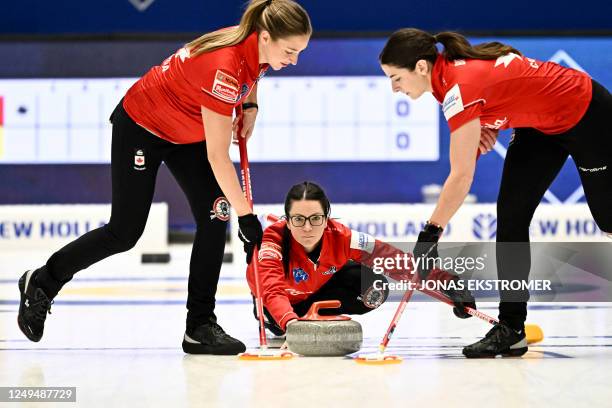 Canada's Skipper Kerri Einarson competes during the LGT World Womens Curling Championship match for third place between Canada and Sweden at...