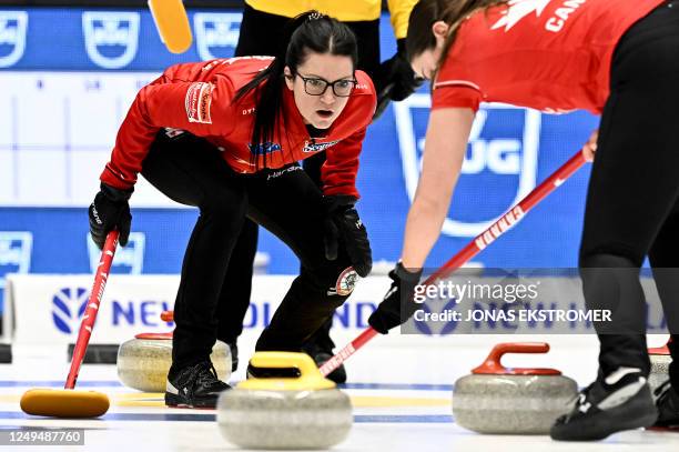 Canada's Skipper Kerri Einarson competes during the LGT World Womens Curling Championship match for third place between Canada and Sweden at...