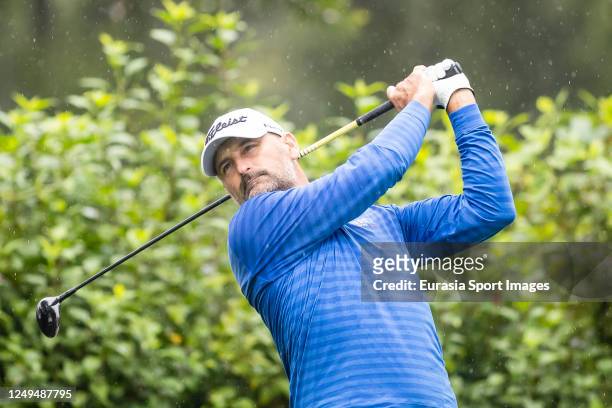 Michael Hendry of New Zealand tees off during the rest of third round of the World City Championship at Hong Kong Golf Club on March 26, 2023 in Hong...