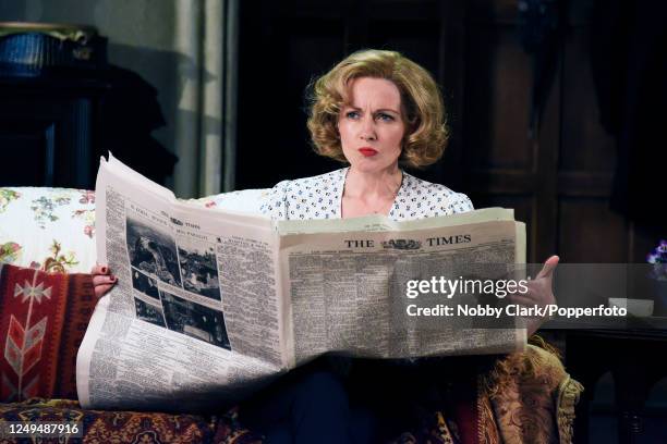British actress Lisa Dillon performing as Ruth Condomine in a dress rehearsal for Noel Coward's "Blithe Spirit", directed by Richard Eyre at the...
