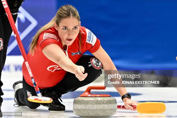 Canada's Briane Harris competes during the LGT World Womens Curling Championship match for third place between Canada and Sweden at Goransson Arena...