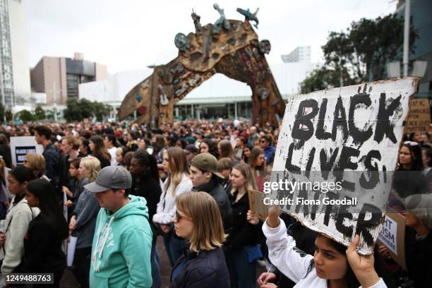 Thousands of people gather in Aotea Square to march down Queen St in support of the Black Lives Matter movement on June 14, 2020 in Auckland, New...