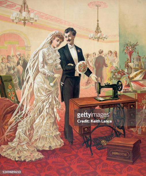 stockillustraties, clipart, cartoons en iconen met bruid ontvangt een naaimachine - 19th century couple