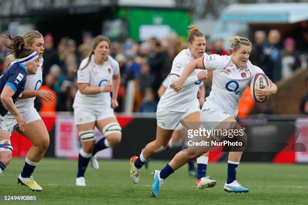 Marlie Packer of England charges through during the Tik Tok Women's Six Nations match between England Women and Scotland Women at Kingston Park,...