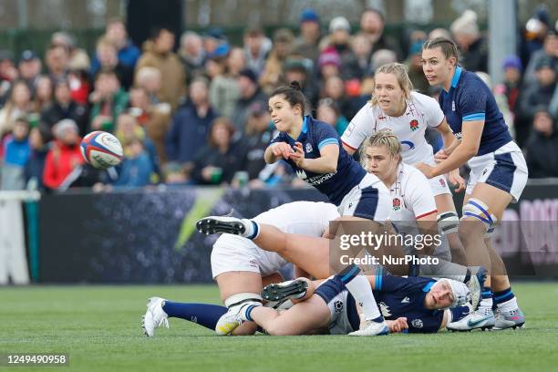 Caity Mattinson of Scotland passes during the Tik Tok Women's Six Nations match between England Women and Scotland Women at Kingston Park, Newcastle...