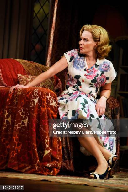 British actress Lisa Dillon performing as Ruth Condomine in a dress rehearsal for Noel Coward's "Blithe Spirit", directed by Richard Eyre at the...