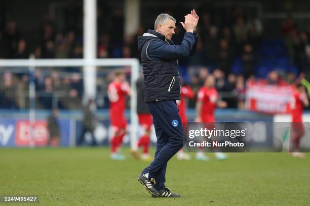 Hartlepool United manager John Askey applauds their fans after the Sky Bet League 2 match between Hartlepool United and Leyton Orient at Victoria...