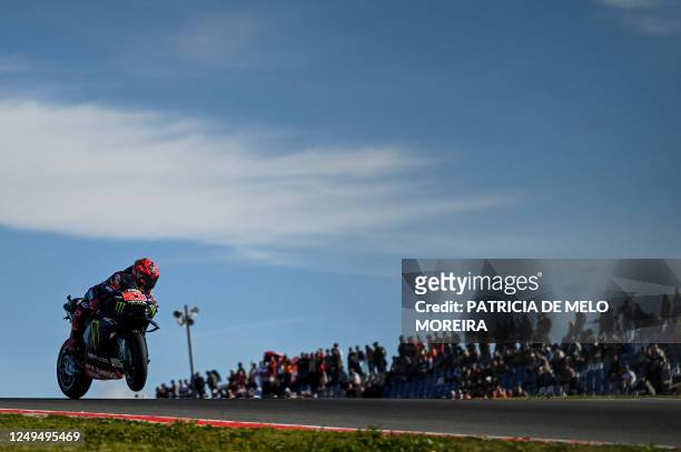 Yamaha French rider Fabio Quartararo rides during the warm-up before the MotoGP race of the Portuguese Grand Prix at the Algarve International...