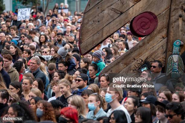 Supporters of the BLM movement, congregate in Aotea Square, prior to the marching down Queen Street on June 14, 2020 in Auckland, New Zealand. The...