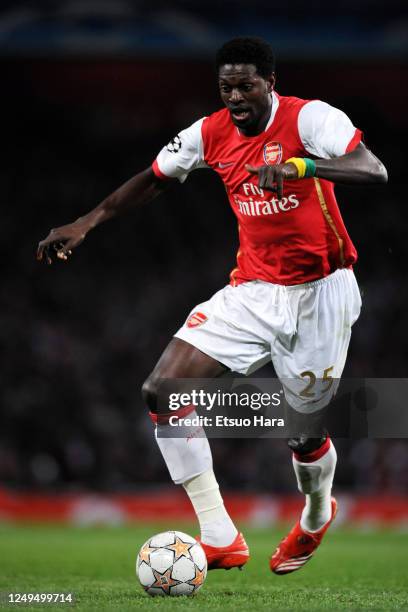 Emmanuel Adebayor of Arsenal in action during the UEFA Champions League quarter final first leg match between Arsenal and Liverpool at the Emirates...