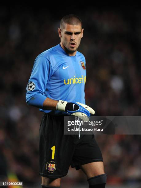Victor Valdes of Barcelona is seen during the UEFA Champions League Quarter Final second leg match between Barcelona and Schalke 04 at the Camp Nou...