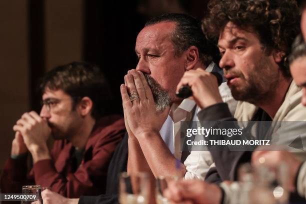 Member of the European Parliament Benoit Biteau and spokesperson of the collective "Bassines Non Merci" Julien Le Guet hold a press conference in...