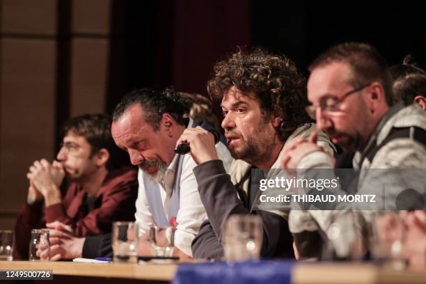 Member of the European Parliament Benoit Biteau , spokesperson of the collective "Bassines Non Merci" Julien Le Guet and organisers of the protest...