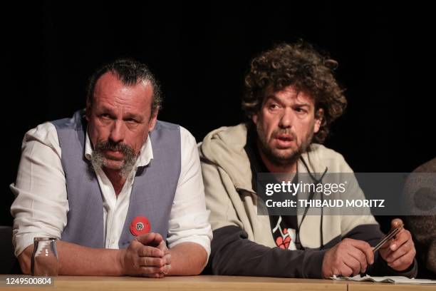 Member of the European Parliament Benoit Biteau and spokesperson of the collective "Bassines Non Merci" Julien Le Guet hold a press conference in...