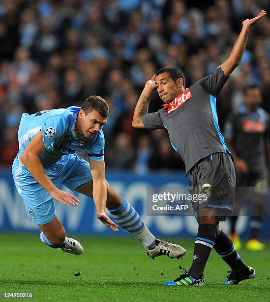 Manchester City's Bosnian forward Edin Džeko vies with Napoli's Uruguayan midfielder Walter Gargano during the UEFA Champions league group A football...