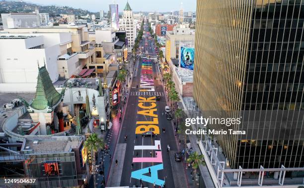 An aerial view of Hollywood Boulevard painted with the words 'All Black Lives Matter’ near the famous TCL Chinese Theatre as protests continue in the...