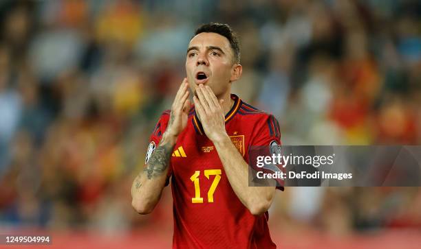 Iago Aspas of Spain gestures during the UEFA EURO 2024 qualifying round group A match between Spain and Norway at La Rosaleda Stadium on March 25,...