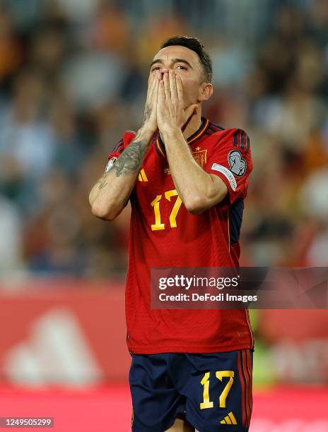 Iago Aspas of Spain reacts during the UEFA EURO 2024 qualifying round group A match between Spain and Norway at La Rosaleda Stadium on March 25, 2023...