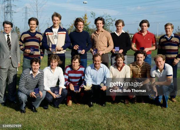 Ipswich Town line up for a group photo as they celebrate with their medals after winning the Adidas European Team Of The Year Award, circa September...