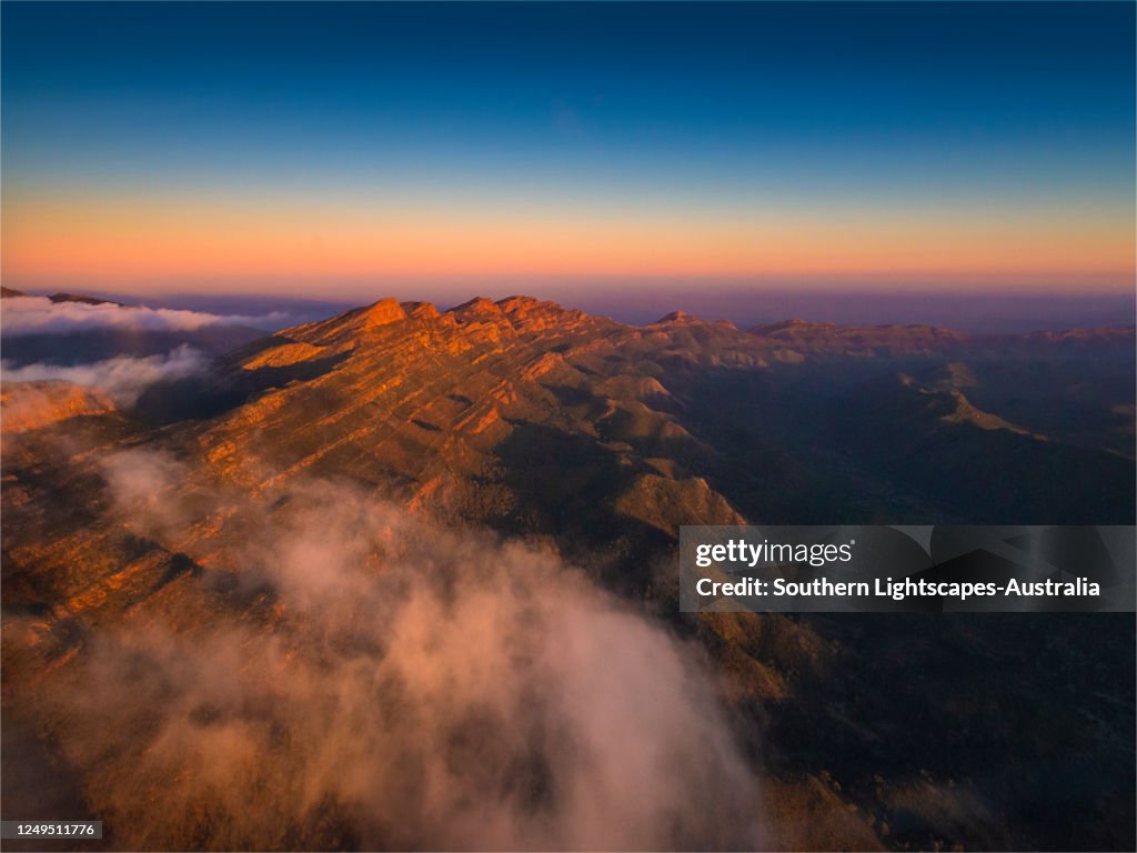 Aerial landscape in the Flinders Ranges NP, near Wilpena Pound, South Australia.