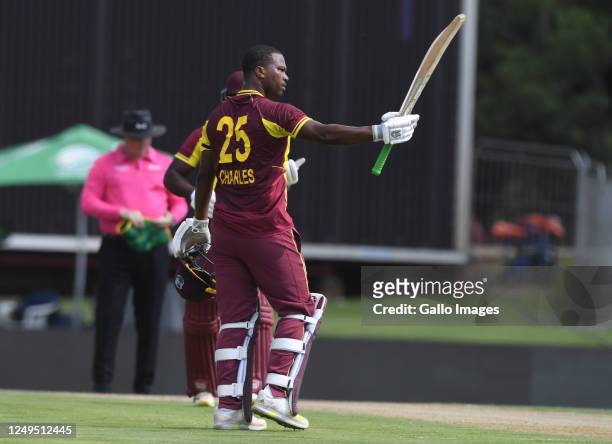 Charles of the West Indies celebrates his 100 runs during the 2nd KFC T20 International match between South Africa and West Indies at SuperSport Park...